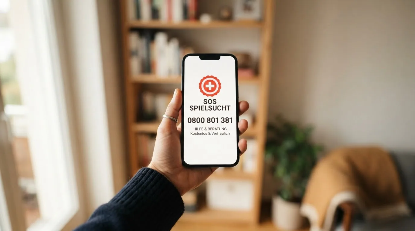 Eine helfende Hand hält ein Smartphone, auf dessen Display die Nummer 0800 801 381 und das SOS-Spielsucht-Logo zu sehen sind