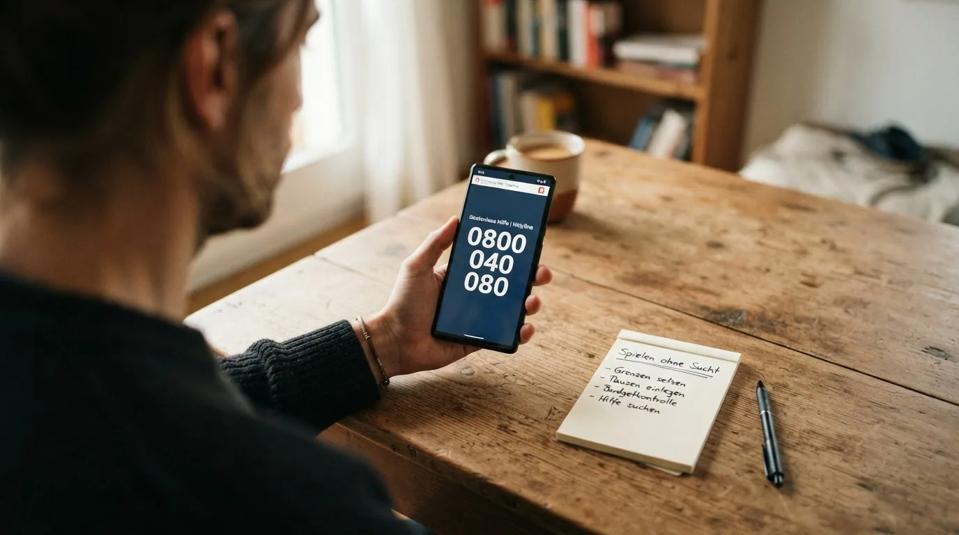 Telefonhörer mit der Nummer 0800 040 080, daneben das Logo von Spielen ohne Sucht