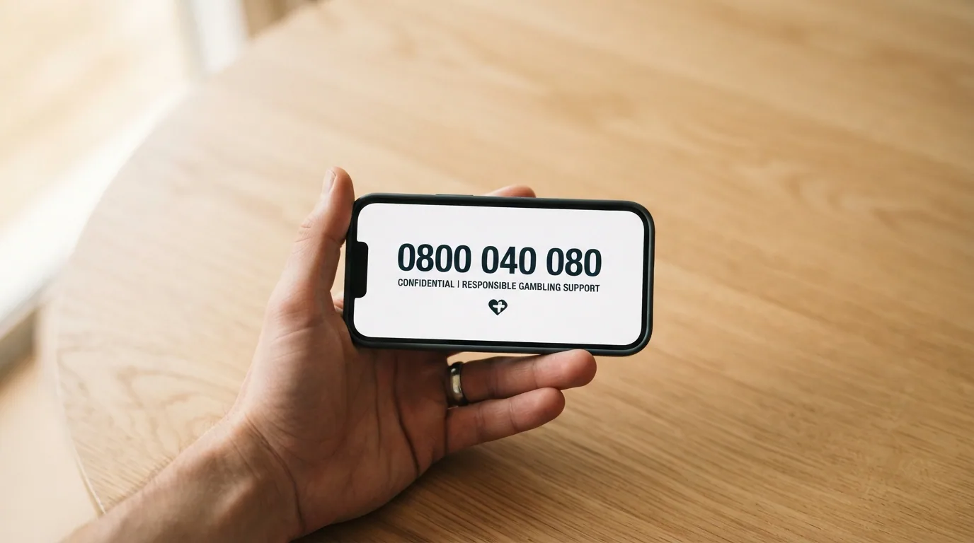 Eine Hand die ein Smartphone mit der eingespeicherten Nummer 0800 040 080 hält, im Hintergrund das Logo von «Spielen ohne Sucht»