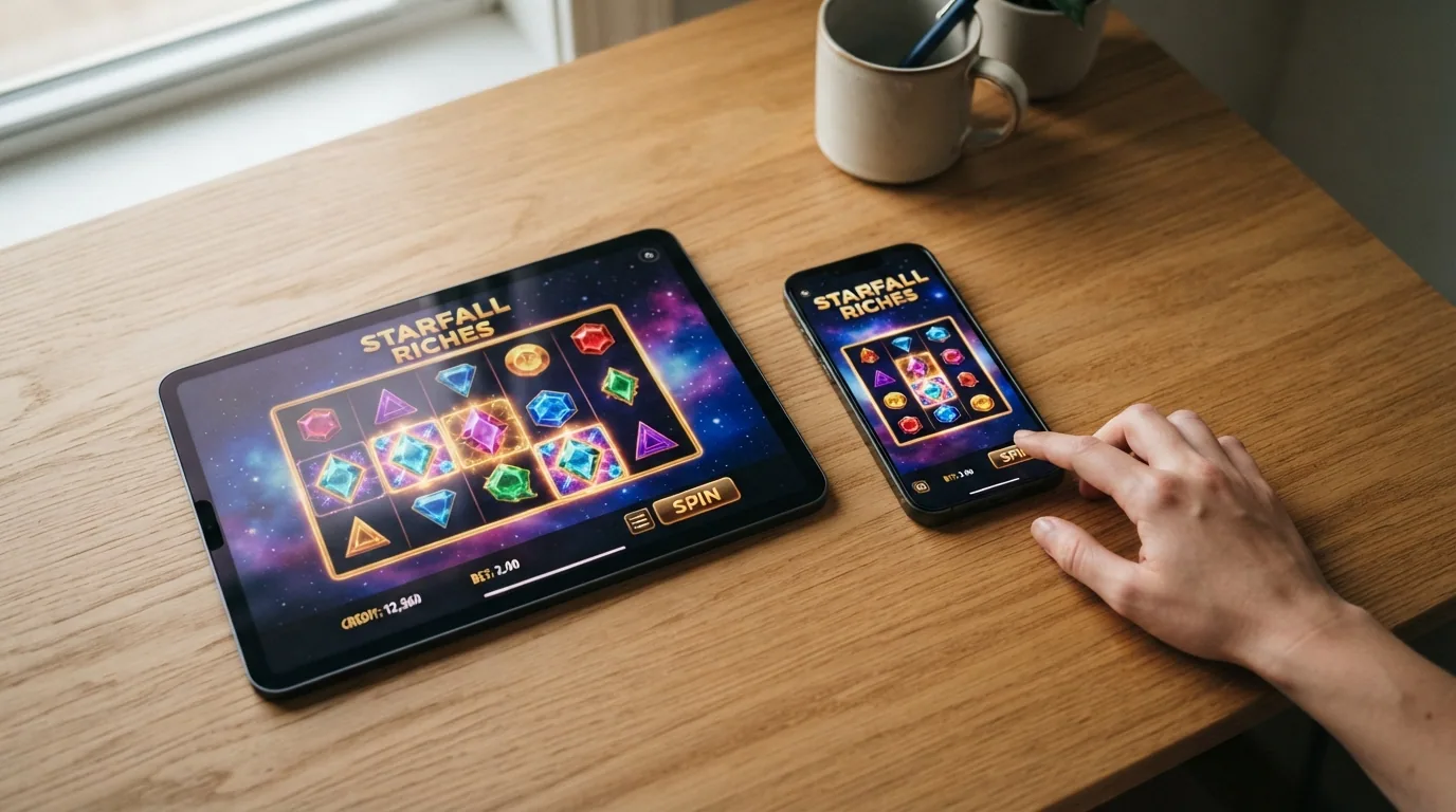 Querformat-Ansicht von Starburst auf einem Tablet, daneben ein Smartphone im Hochformat mit demselben Spiel