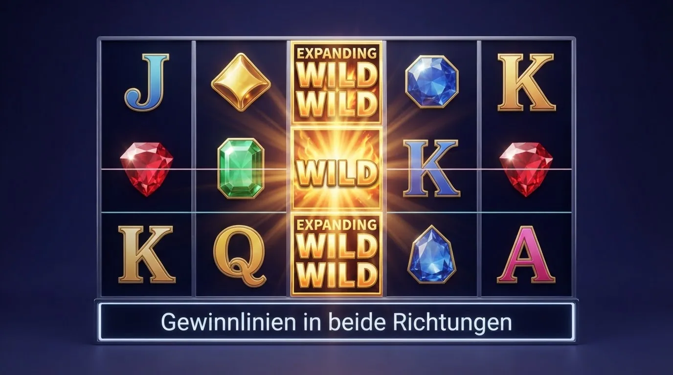 Das 5×3-Walzengitter von Starburst mit hervorgehobenen Gewinnlinien in beide Richtungen und einem Expanding Wild auf Walze 3