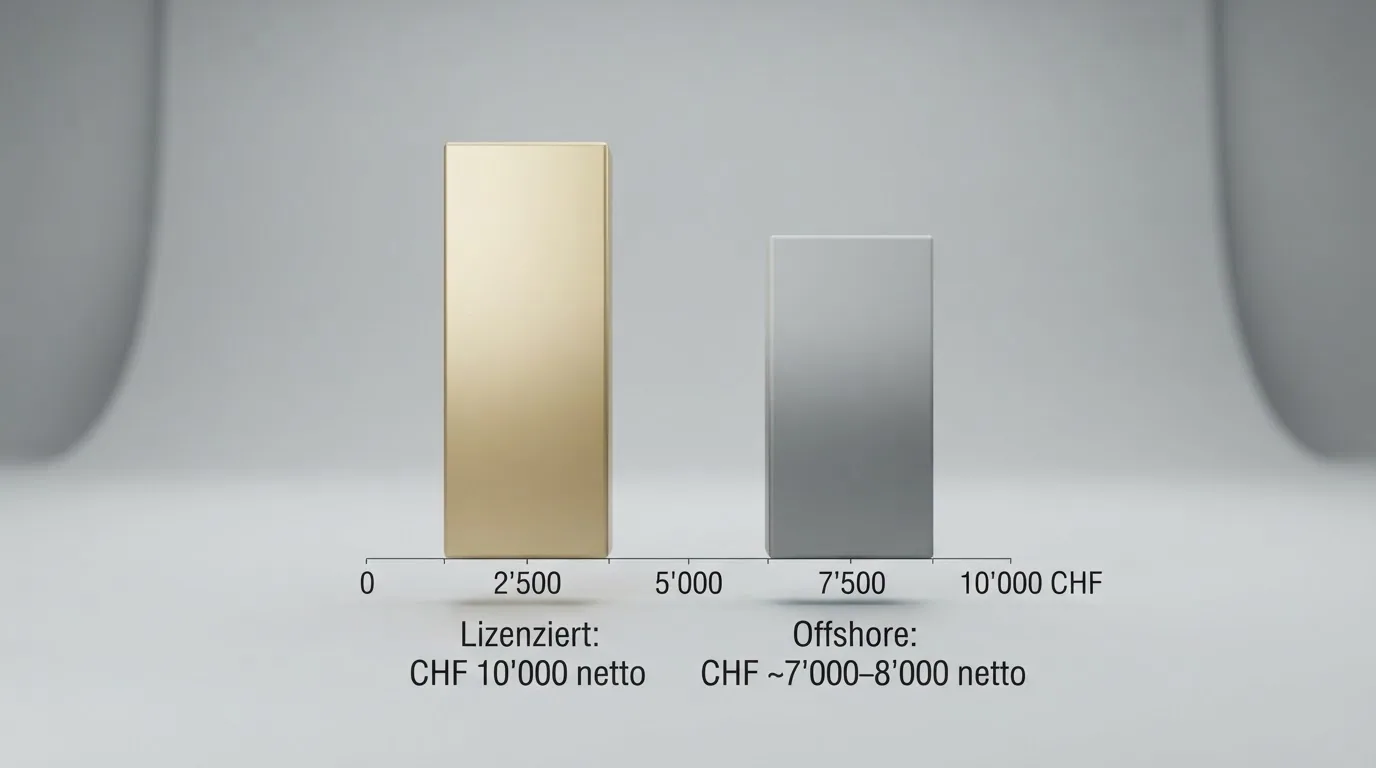Ein Säulendiagramm, das CHF 10'000 Gewinn vergleicht: linke Säule «Lizenziert: CHF 10'000 netto», rechte Säule «Offshore: CHF ~7'000–8'000 netto nach Steuern» (qualitativ)