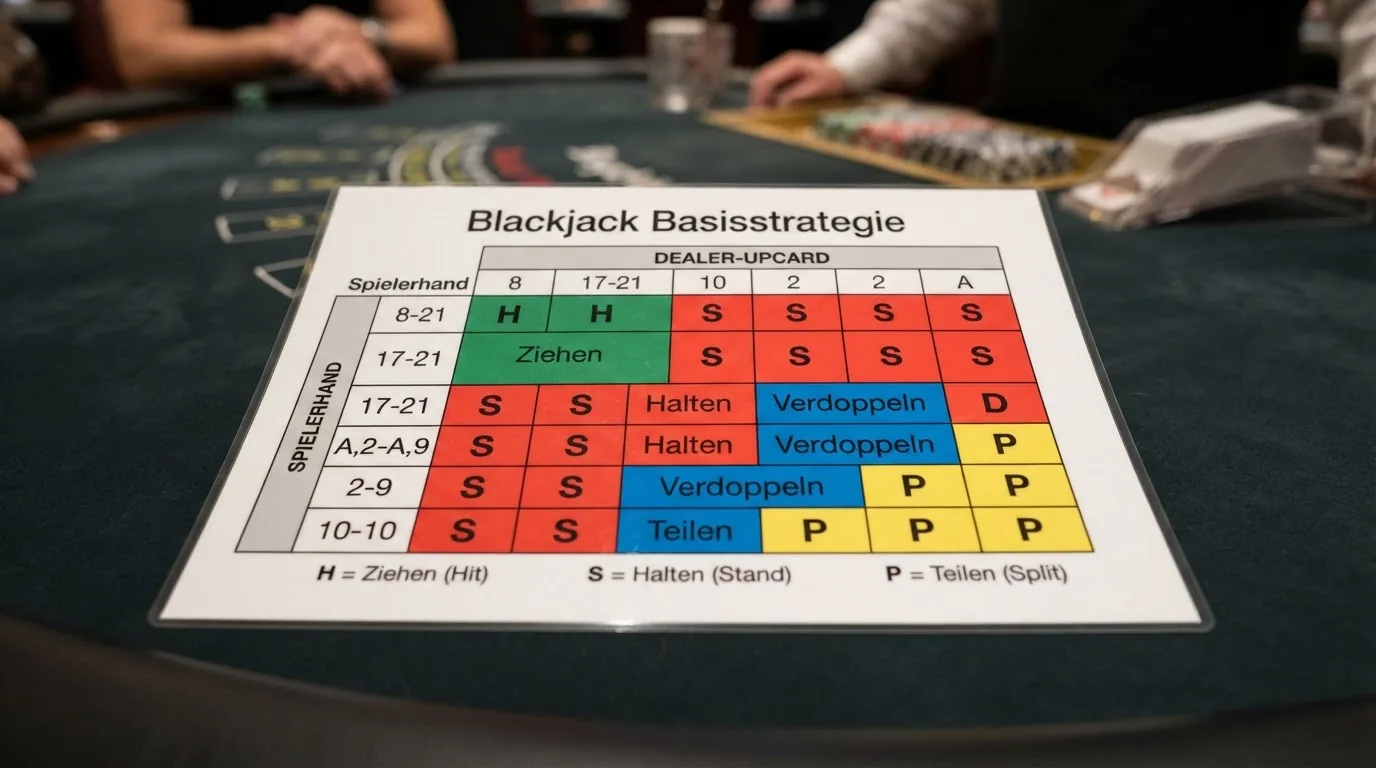Farbcodierte Basic-Strategy-Tabelle mit allen Spieler-Handwerten gegen die Dealer-Upcard und den Entscheidungen Hit, Stand, Double, Split