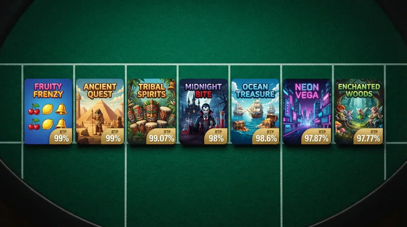 Sieben Slot-Titelkarten nebeneinander: Mega Joker, Book of 99, Ugga Bugga, Blood Suckers, 1429 Uncharted Seas, Starmania, White Rabbit — jede mit ihrer RTP-Prozentzahl