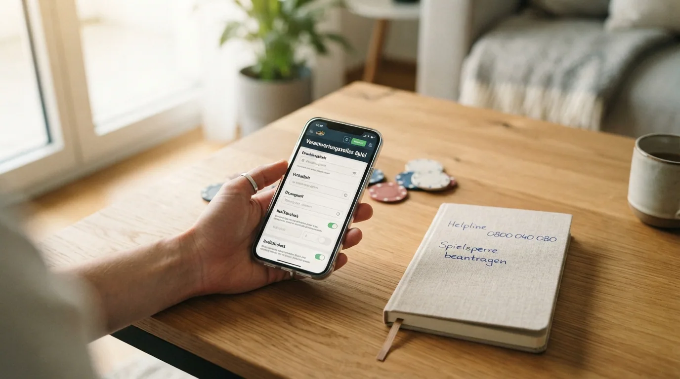 Ein Smartphone mit geöffneter Limit-Einstellungsseite eines Casinos, daneben das Logo der Helpline 0800 040 080
