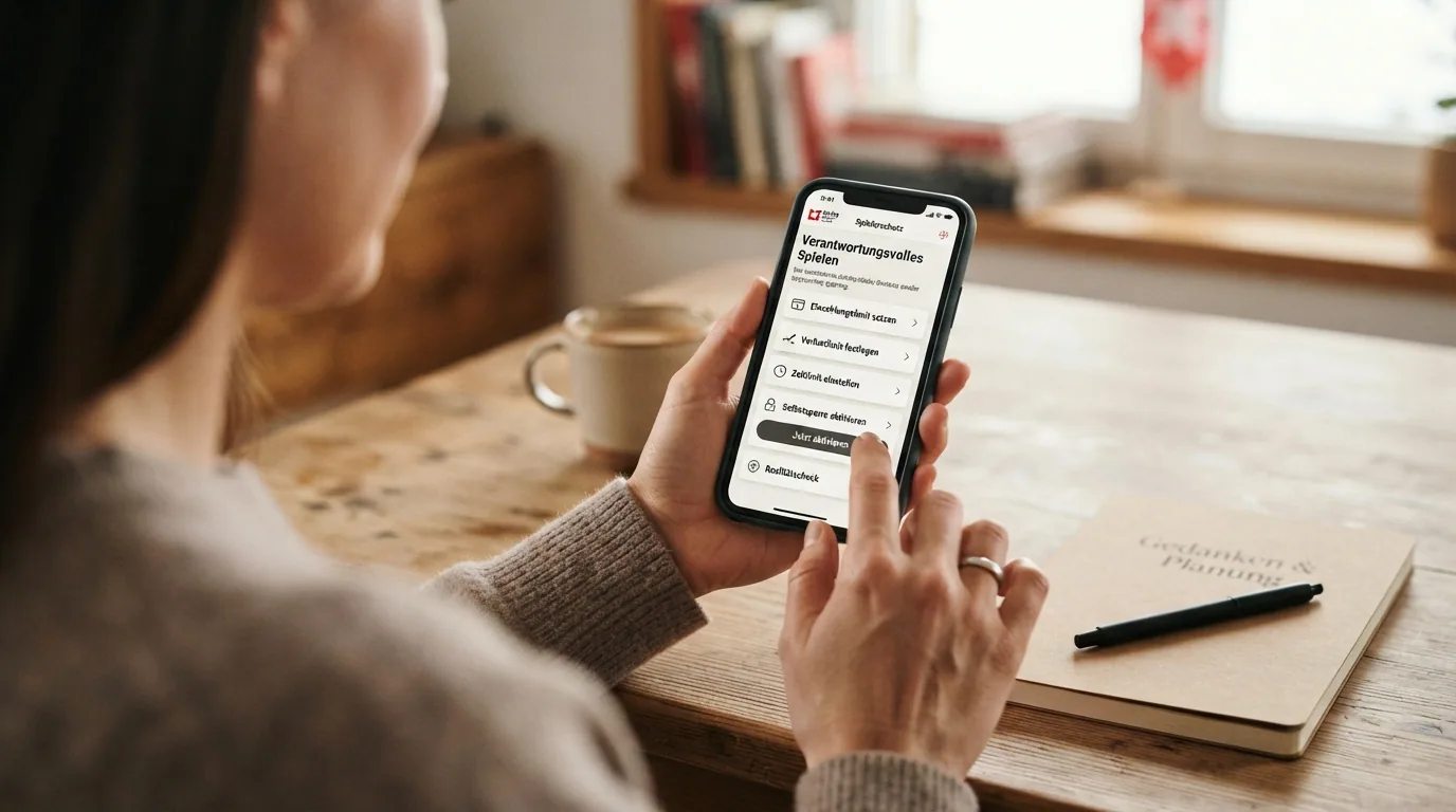 Eine helfende Hand über einem Smartphone mit geöffneter Spielerschutz-Seite