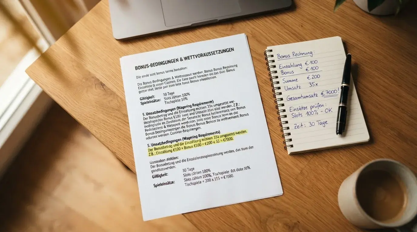 Ein aufgeschlagenes Bonus-Reglement mit Textmarker auf der Umsatzbedingung, daneben ein Taschenrechner