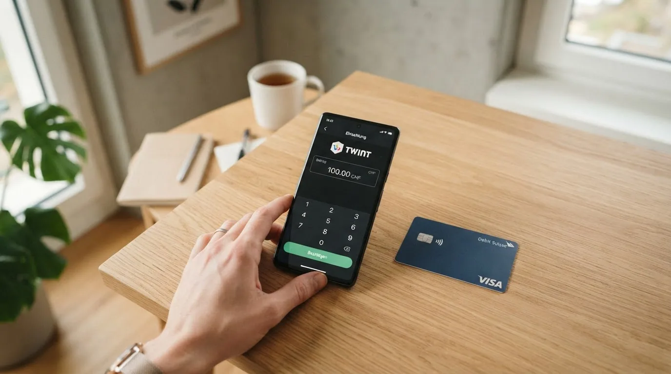 TWINT-App auf dem Smartphone neben einer Kreditkarte — die beliebtesten Zahlungswege im Schweizer Online-Casino