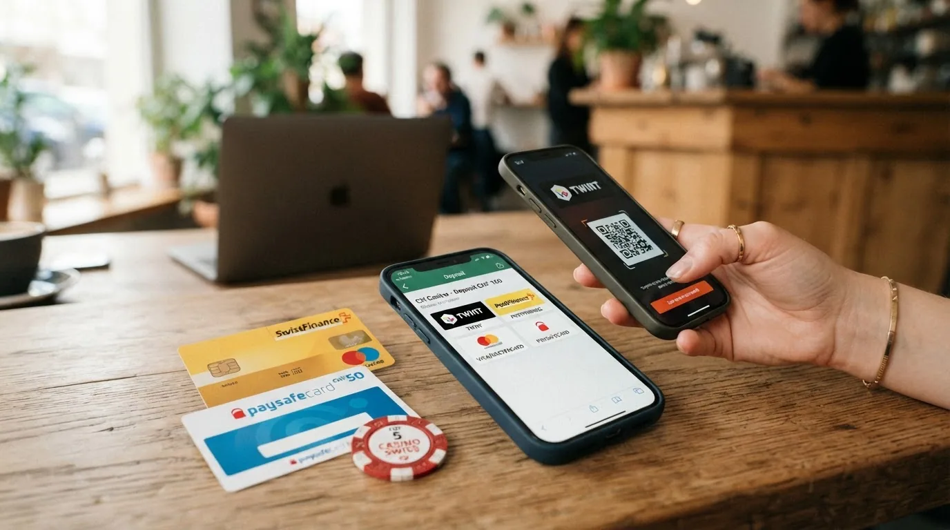 Die wichtigsten Schweizer Zahlungsmittel: TWINT-Logo, PostFinance-Karte, Paysafecard-PIN und Kreditkarten nebeneinander