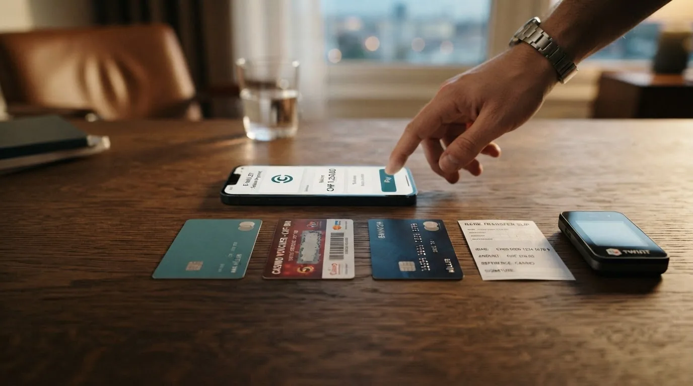 Eine horizontale Zeitleiste mit sechs Zahlungsmethoden und den typischen Auszahlungszeiten: E-Wallets ganz links (24 h), Banküberweisung ganz rechts (5 Tage)