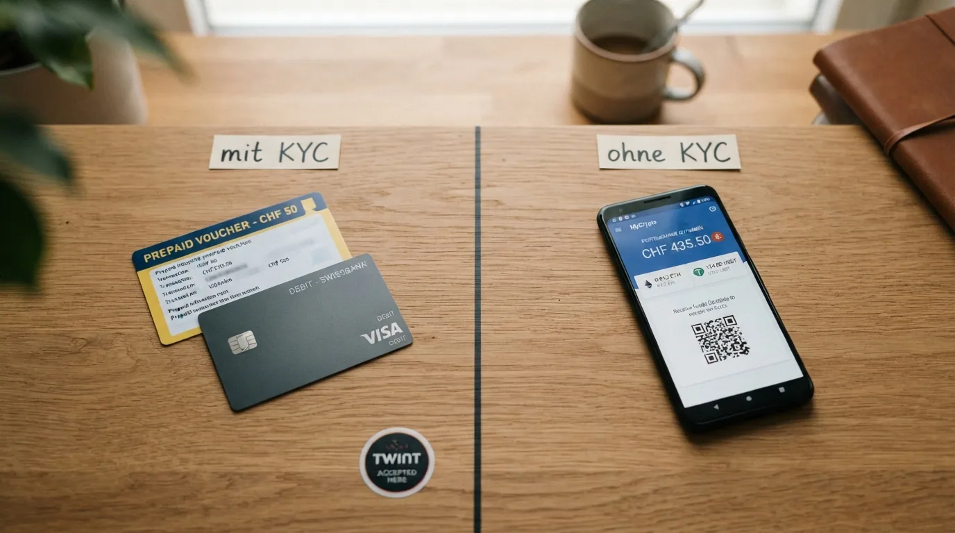 Übersicht verschiedener Zahlungsmittel: Paysafecard-Karte, Bitcoin-Wallet auf dem Smartphone, PayPal-Logo, Bankkarte — gruppiert nach «mit KYC» und «ohne KYC»