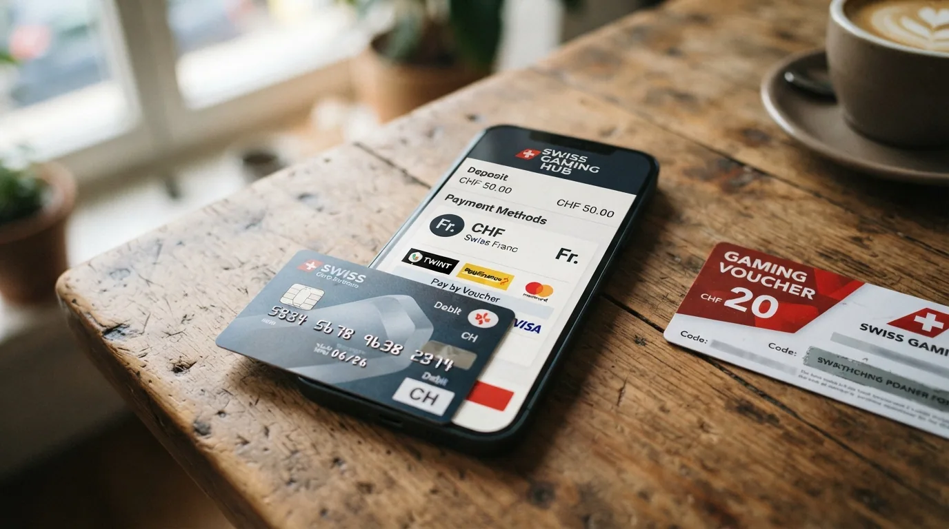 Verschiedene Zahlungsmittel auf einer Schweizer Banknoten-Unterlage: Smartphone mit TWINT-App, Kreditkarte, paysafecard