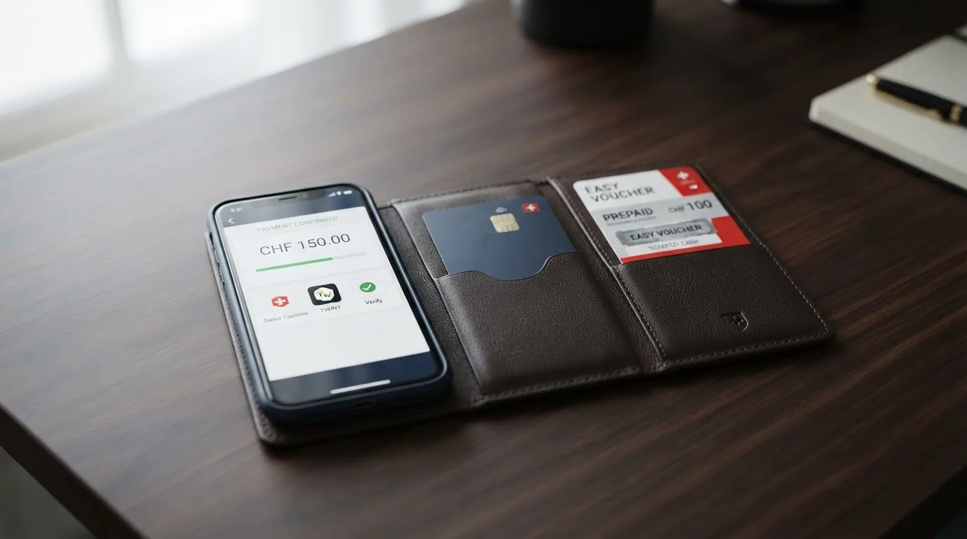 Eine Schweizer Geldbörse mit TWINT-App auf dem Smartphone, daneben eine Bankkarte, eine PostFinance-Karte und das Apple-Pay-Symbol
