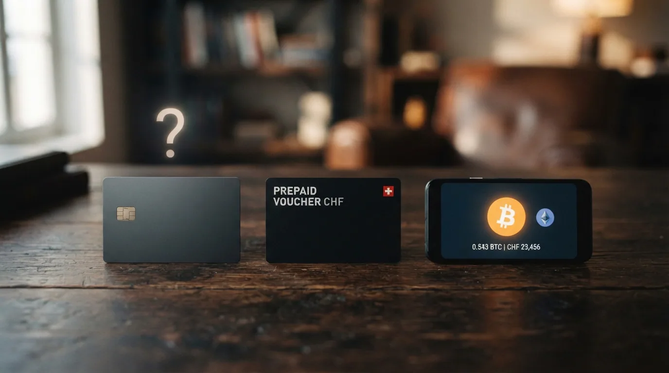 Eine Schweizer Bankkarte, eine Paysafecard und ein Krypto-Wallet-Symbol auf einem Tisch nebeneinander, mit Fragezeichen über der Bankkarte