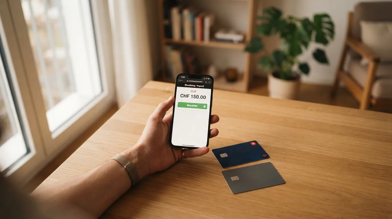 Smartphone mit TWINT-App neben einer Kreditkarte und einer Schweizer Bankkarte auf einem Tisch