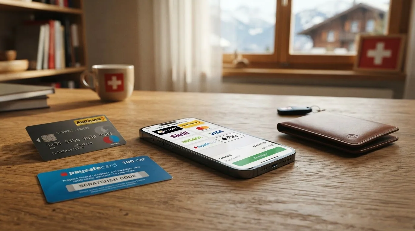 Logos der akzeptierten Schweizer Zahlungsmethoden: TWINT, PostFinance, Visa, Mastercard, Paysafecard, Skrill
