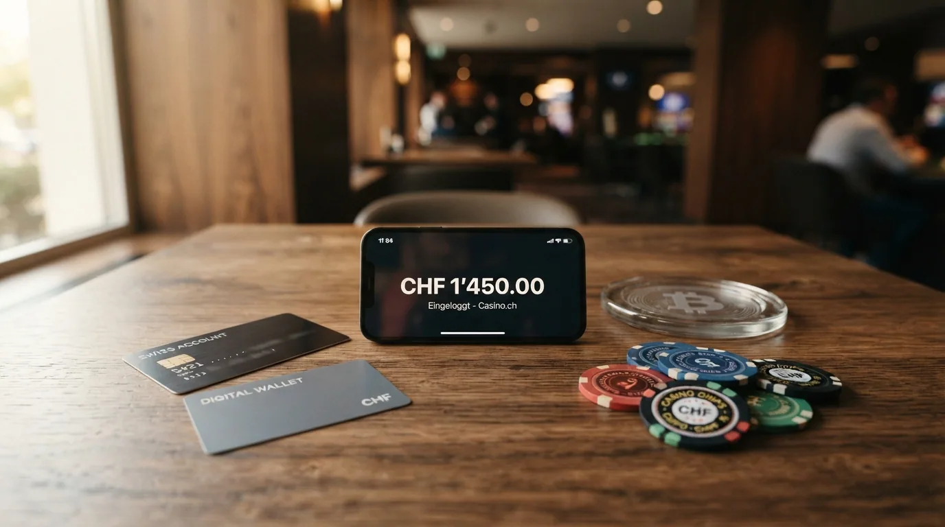 Verschiedene Zahlungsmittel im Kreis angeordnet: Kreditkarte, Banküberweisung, Krypto-Wallet, TWINT-Logo und CHF-Banknoten