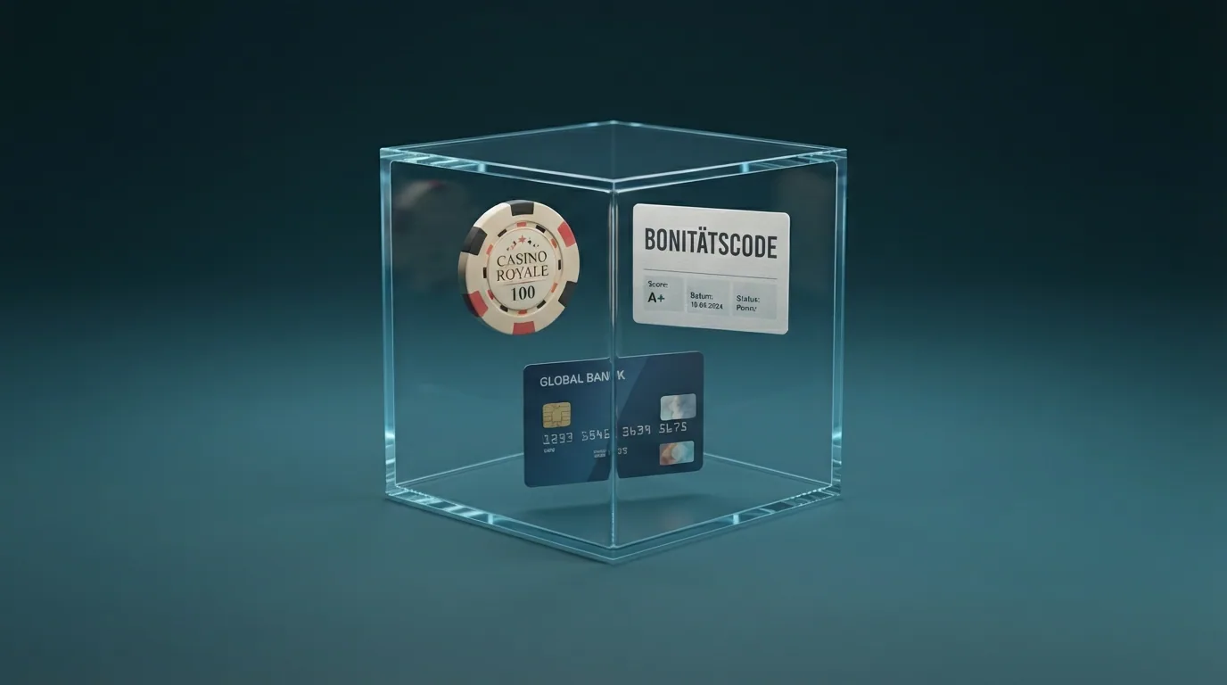 Eine grafische Darstellung der ZEK-Datenbank mit Symbolen für Kreditgesuche, Leasingverträge und Bonitätscode, daneben das Logo einer Schweizer Spielbank